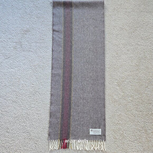 NWOT Wool Herringbone Scarf Brown with Burgundy & Yellow Stripe - Picture 8 of 11